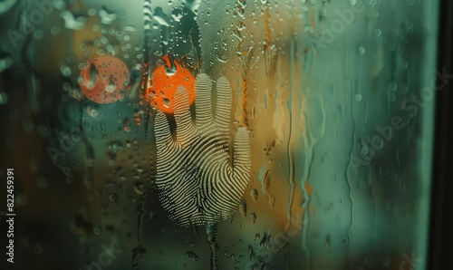 Childs fingerprint on a foggy window, soft background light, side angle, nostalgic moment sketch