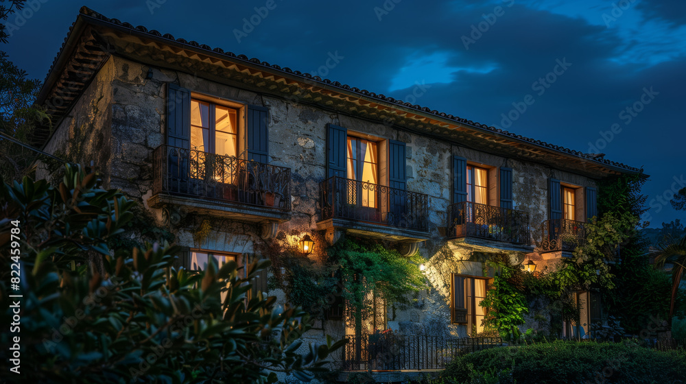 Charming Old Stone House With Warmly Lit Windows at Night Charming Old Stone House With Warmly Lit Windows at Night