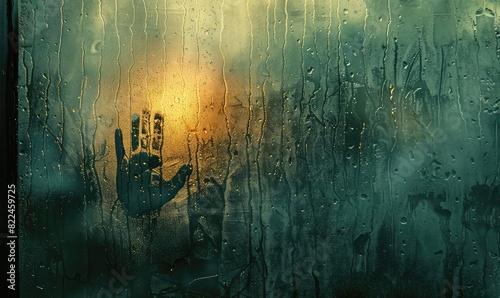 Childs fingerprint on a foggy window, soft background light, side angle, nostalgic moment sketch