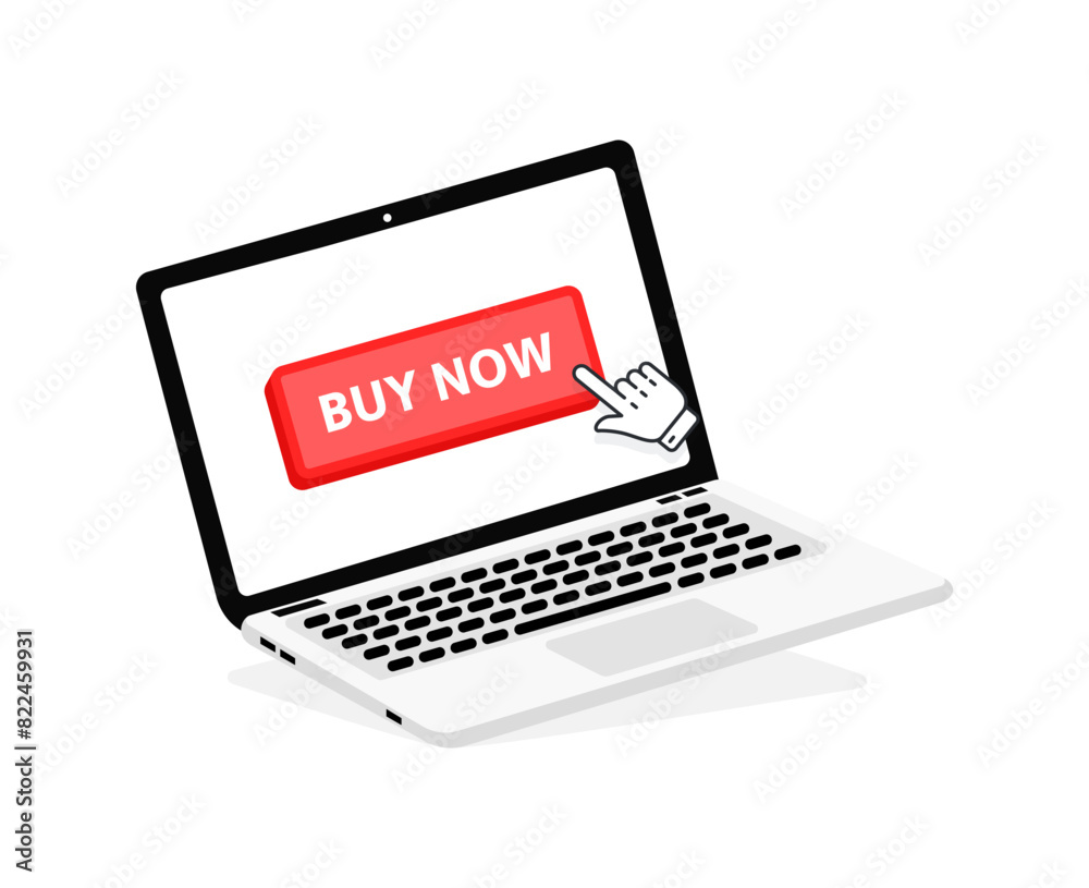 Buy now text on Laptop screen with a red button . Button with pointer clicking. Finger Pressing Buy now text on Laptop screen with a red button . Button with pointer clicking. Finger Pressing