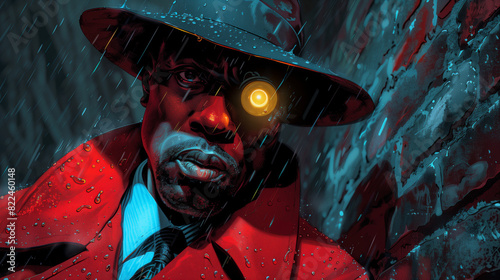 Cyberpunk Detective in Rain with Glowing Eye