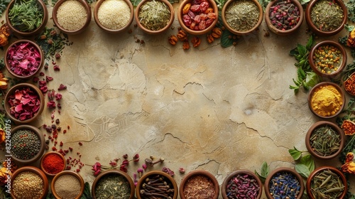 Top view of ancient Chinese herbs on light brown background. Advertising scene for health care products, derived from natural herbs 