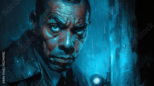 Dark Moody Detective Illustration with Rain and Intense Expression