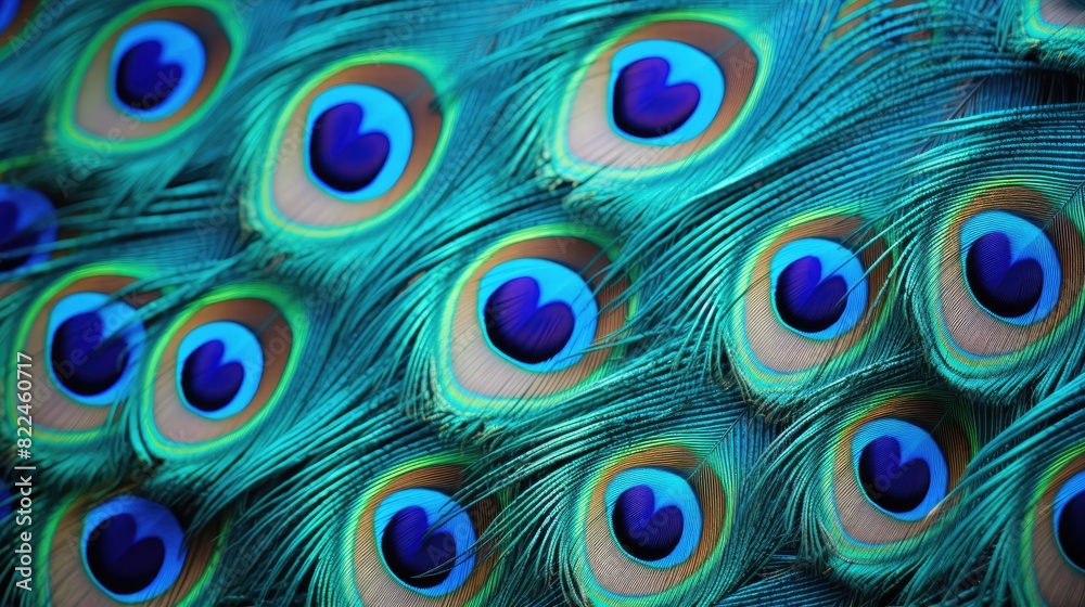 Fototapeta premium Background of peacock feathers. The background is in an abstract style. A pattern of feathers. An exotic bird.