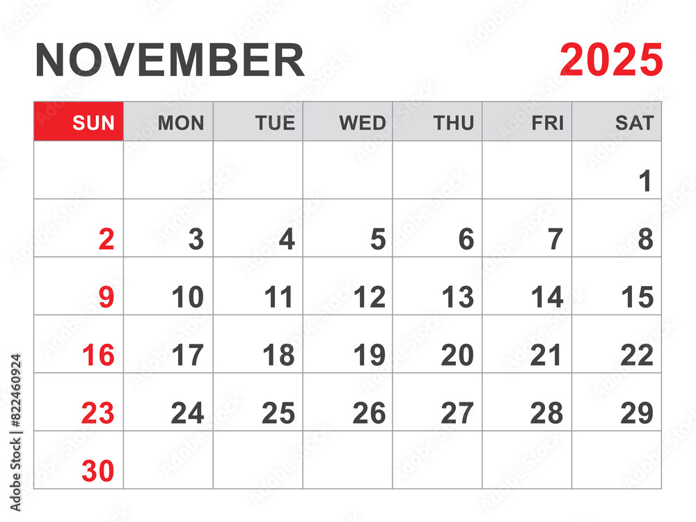 Calendar 2025 template, November 2025 layout, Printable minimalist monthly planner, Desk Calendar 2025 template, Wall calendar design, Week Start On Sunday, Stationery, printing, red color, vector Calendar 2025 template, November 2025 layout, Printable minimalist monthly planner, Desk Calendar 2025 template, Wall calendar design, Week Start On Sunday, Stationery, printing, red color, vector