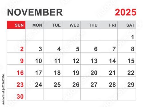 Calendar 2025 template, November 2025 layout, Printable minimalist monthly planner, Desk Calendar 2025 template, Wall calendar design, Week Start On Sunday, Stationery, printing, red color, vector