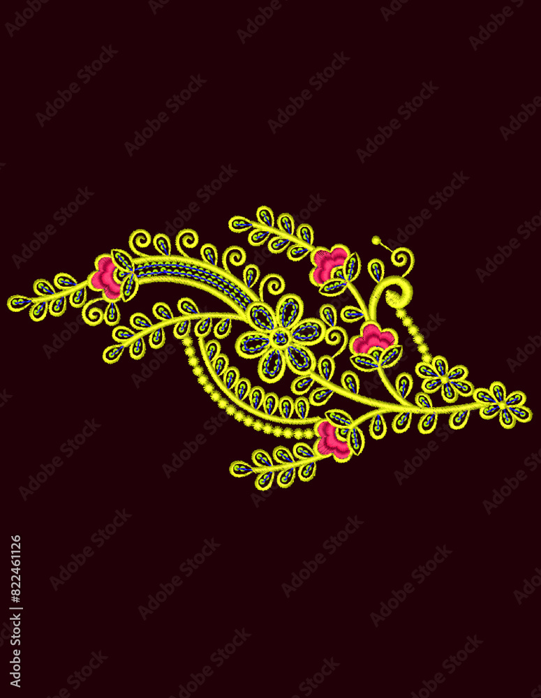 A beautiful embroidery motif illustration for apparel on black. A beautiful embroidery motif illustration for apparel on black.