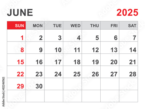 Calendar 2025 template, June 2025 layout, Printable minimalist monthly planner, Desk Calendar 2025 template, Wall calendar design, Week Start On Sunday, Stationery, printing, red color, vector