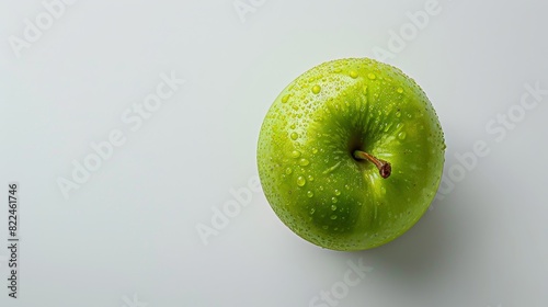 Birds eye view image of a vividly colored green apple, isolated on a stark white background, digital art with hyper-realistic textures, shadow details enhancing depth photo