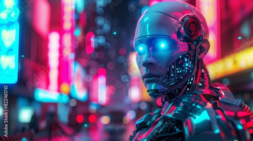 CG 3D illustration, eye-level angle of a futuristic bald cyborg with metallic skin and glowing blue eyes, standing in a neon-lit cityscape at night, highly detailed photo