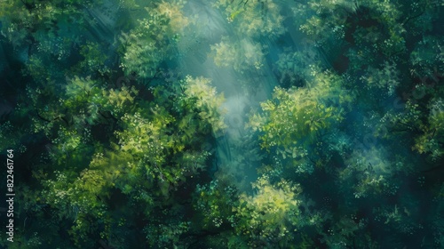 Birds-eye view of a serene forest glade, soft light filtering through the trees, a faint whisper of wind, oil painting style, tranquil and dreamlike