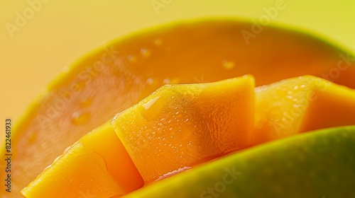 Eye-level angle photo  vibrant mango slice  vivid yellow-orange hues  intricate texture of the fruit  photorealistic detail  emphasis on juiciness and freshness  minimalist background  soft shadows