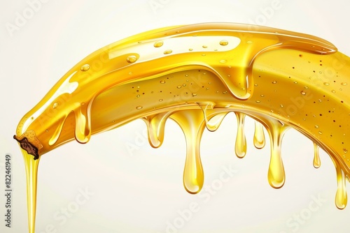 Eye-level angle, photorealistic honey banana, golden honey dripping smoothly, crystal-clear drops, vibrant yellow banana, sharp focus, clean white background