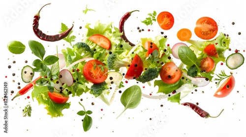 Fresh salad with flying vegetables ingredients isolated on a white background