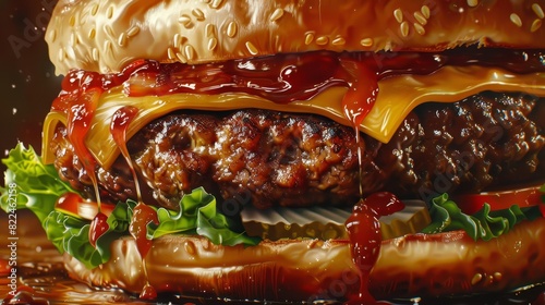 Eye-level angle shot of a detailed painting of a luscious gourmet hamburger made entirely of inedible materials like plastic and metal, vividly contrasting textures and colors