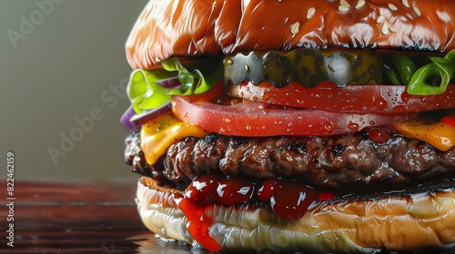 Eye-level angle shot of a detailed painting of a luscious gourmet hamburger made entirely of inedible materials like plastic and metal, vividly contrasting textures and colors