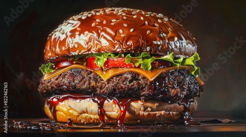 Eye-level angle shot of a detailed painting of a luscious gourmet hamburger made entirely of inedible materials like plastic and metal, vividly contrasting textures and colors