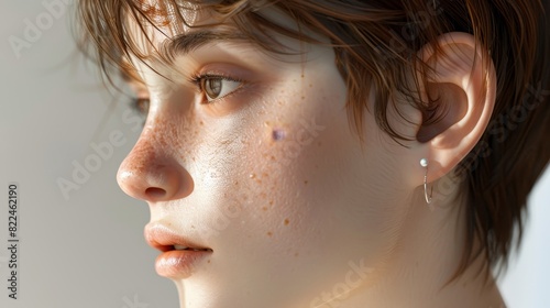 3D CG side view of a fresh-faced youth, hyper-realistic texture, intricate skin pores, light catching fine hair strands, neutral backdrop, small earring adding subtle charm, inviting and lifelike