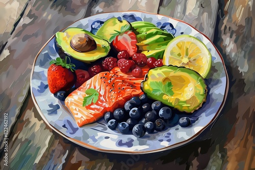 High-angle view, colorful ketogenic food platter, avocados, salmon, mixed berries, wooden table, balanced composition, dynamic shadows, oil painting style