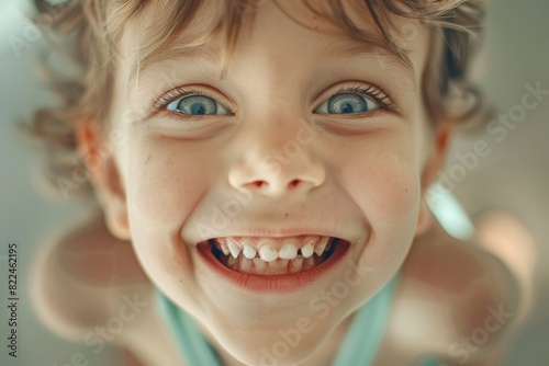 3D rendered, close-up birds-eye view of a childs playful grin featuring a noticeable gap tooth, expressive eyes, rich color depth, texture-rich skin, background blurred with soft pastel hues