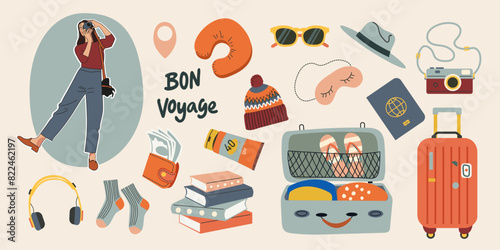 Travel set. Things for travel. Tourism accessories collection. Holiday weekend vacation. Hand drawn vector set. Colorful fashion illustration. Flat design.