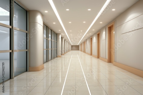 Sleek and spacious office corridor with illuminated ceiling and glass panels