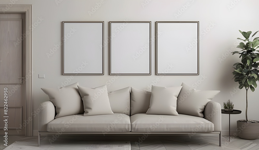 Fototapeta premium A beige sofa in a minimalistic interior with three blank picture frames on a white wall mockup ai generative