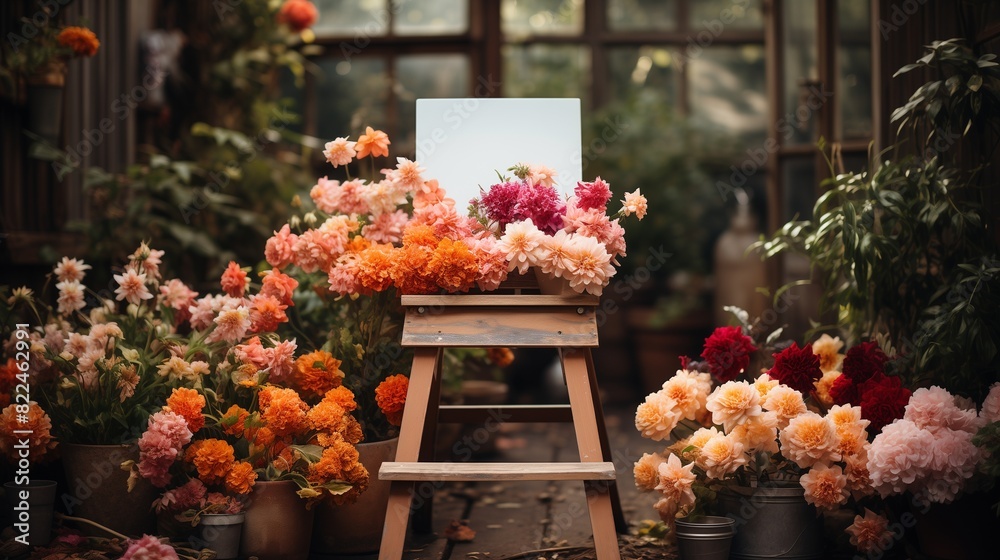 A white empty blank frame mockup leaning against an old wooden ladder, amidst a charming garden filled with blooming flowers.