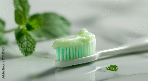 Refreshing Mint Toothpaste on a Clean Toothbrush Against a Soft Blue Background