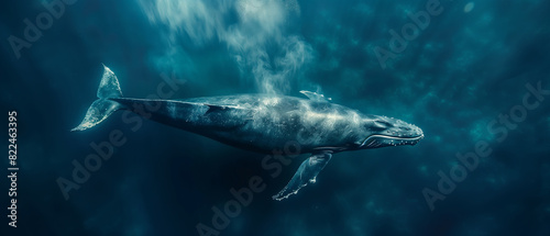 A solitary blue whale swimming through the open ocean, its massive body dwarfing everything around it, Top view