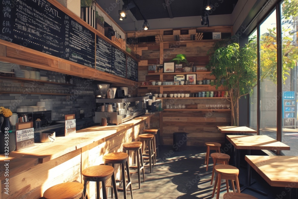 Cozy Coffee Shop Interior Design with Wooden Elements and Community Board - Perfect for Café Decor Inspiration