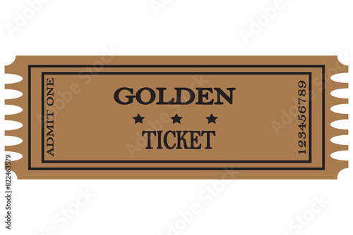 Three-dimensional golden ticket with stars and the inscription "Admit one". Vector illustration design eps 10