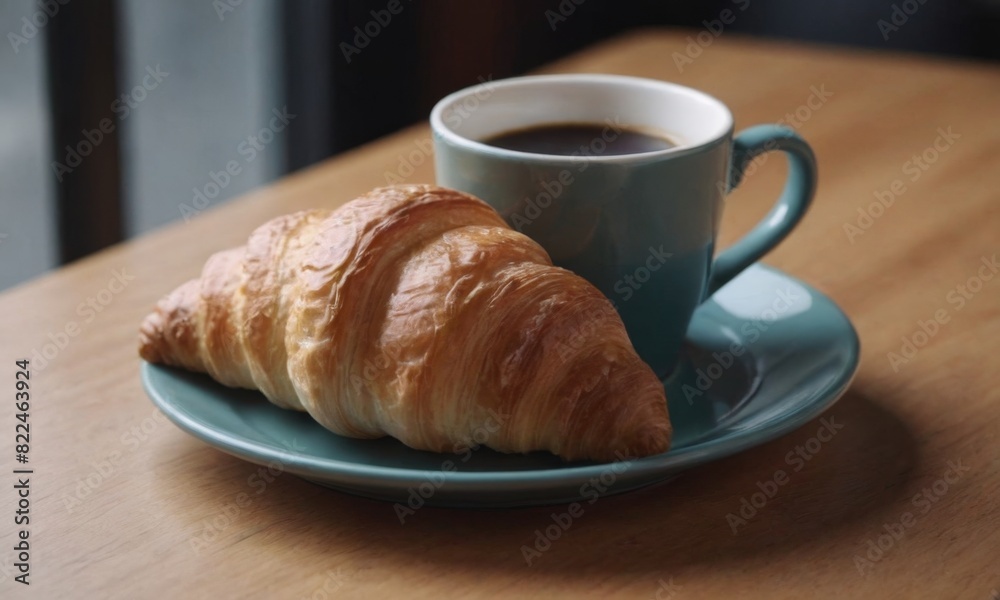 a cup of fragrant coffee with a crispy croissant on the table in the coffee shop a cup of fragrant coffee with a crispy croissant on the table in the coffee shop