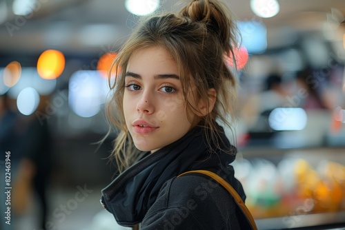 Close-up portrait of a young woman at a busy public transport station with bokeh lights