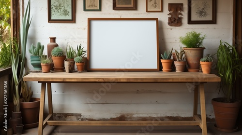 A white empty blank frame mockup placed on a wooden shelf, with antique trinkets and a vintage camera nearby. photo