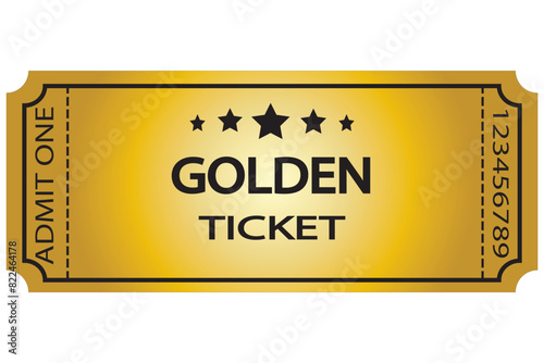 Three-dimensional golden ticket with stars and the inscription "Admit one". Vector illustration design eps 10