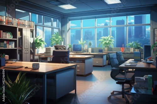 Wallpaper Mural Empty cartoon-style modern office space with desks, computers, and city view as the sun sets Torontodigital.ca