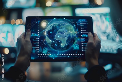 A person holding an iPad, with the Earth and graphs floating above it showing global business growth using digital marketing technology for sales Generative AI