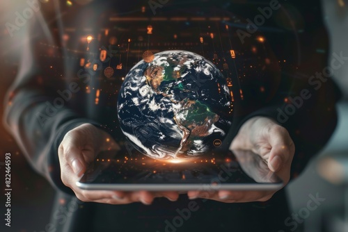 A person holding an iPad, with the Earth and graphs floating above it showing global business growth using digital marketing technology for sales Generative AI