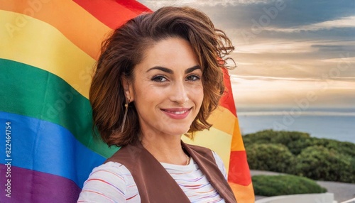 attractive beautiful woman smiling against the background of the lgbt flag, queer pride month, fight for rights, against discrimination