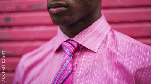 A stylish man dons a pink dress shirt with a blue stripe, paired with a complementary pink tie, showcasing a modern and polished look.