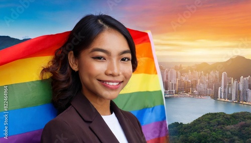 attractive beautiful woman smiling against the background of the lgbt flag, queer pride month, fight for rights, against discrimination