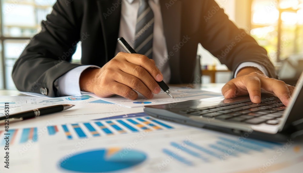 Businessman analyzing growth graph and progress of business and analyzing financial and investment data. business, finance and investment concept. Businessman analyzing growth graph and progress of business and analyzing financial and investment data. business, finance and investment concept.