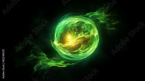 A glowing green and yellow energy orb with swirling light trails on a dark background, creating a mystical and magical atmosphere.