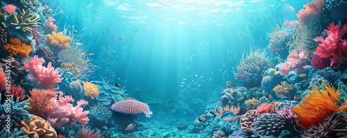 A beautiful and vibrant coral reef with a diverse array of fish and other marine life. The water is crystal clear. The reef is full of color and life.