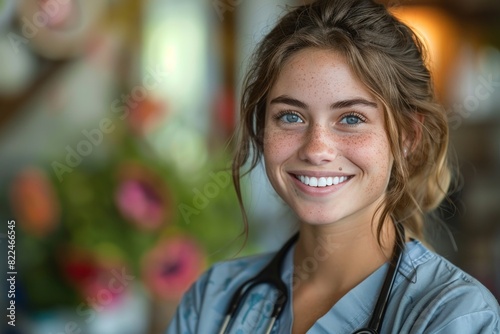 A radiant healthcare professional with freckles smiles warmly, conveying positivity and friendliness
