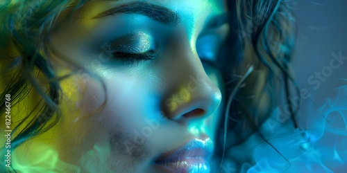Woman s Face in Colorful Bioluminescent Lights  Portraying Anxiety and Depression. Concept Portrait Photography  Bioluminescent Lights  Woman s Face  Anxiety  Depression