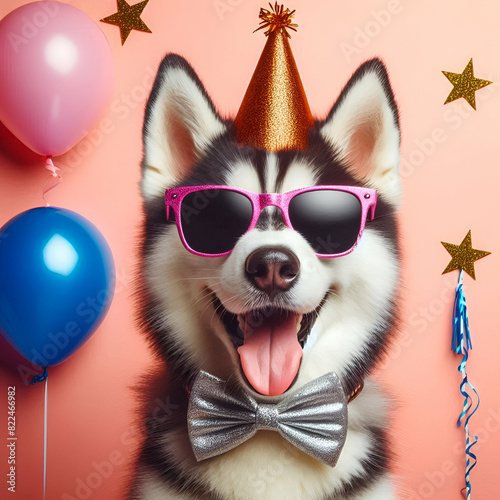 siberian husky cute happy dog wearing party hat and sunglasses on 1 color background © WK Stock