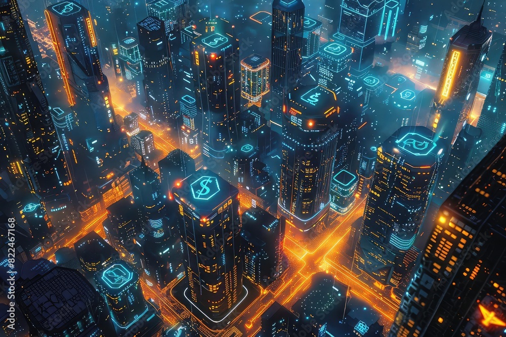Naklejka premium Futuristic city with currency symbols as buildings, night setting, birds eye view, scifi sketch