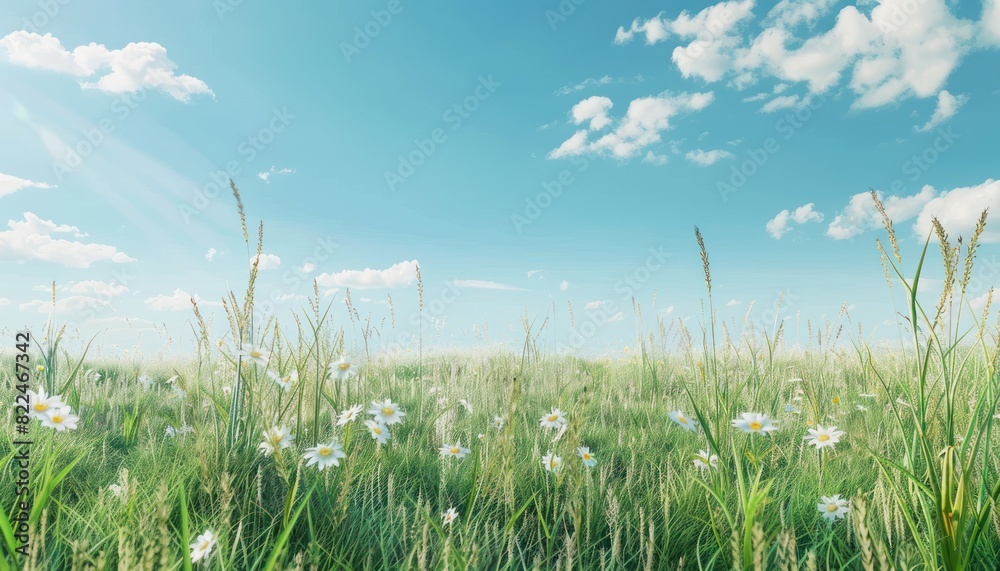 Obraz premium Summer field with tall grasses with flower. Open field with wild flower and butterfly. Sunny day wide blue sky